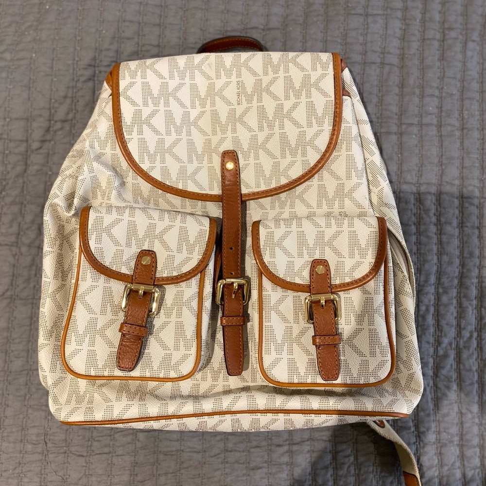 Michael Kors White and Brown Logo Backpack